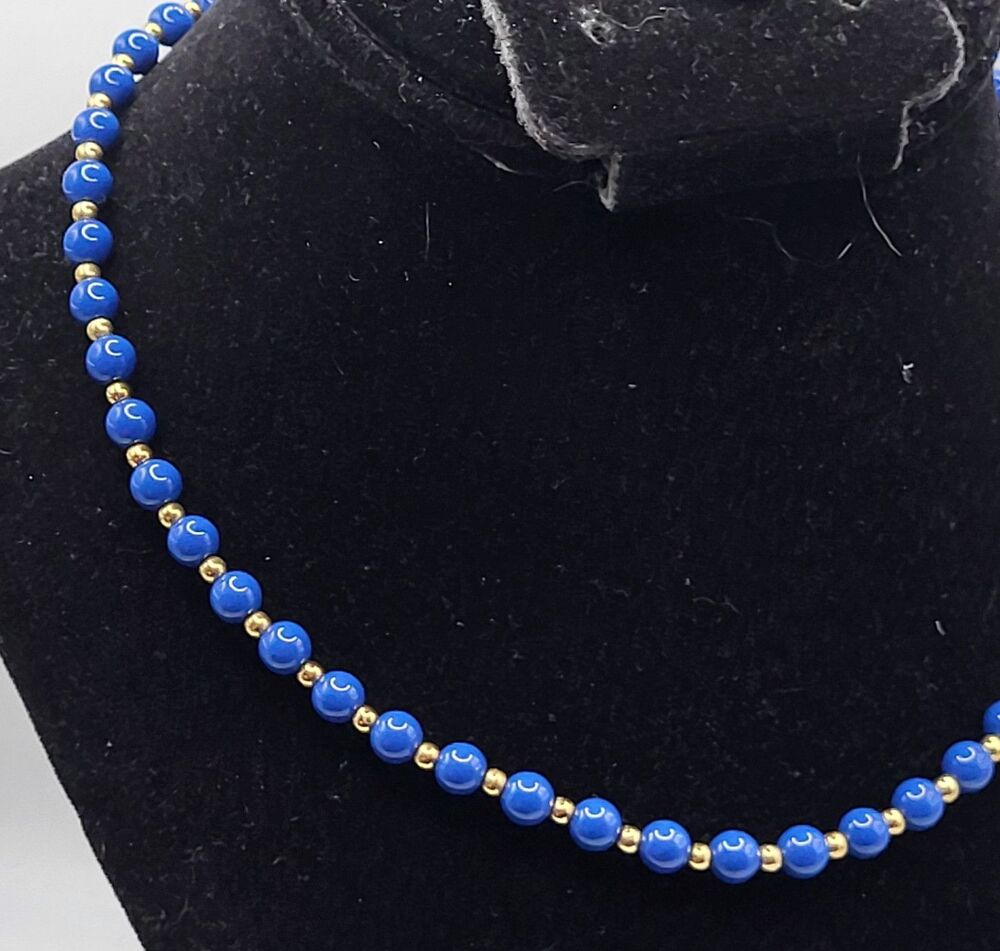 Monet Signed Royal Blue Gold Tone Beaded Necklace Choker Cobalt Vivid 16in